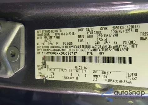 2013 Ford Escape Se z USA, uszkodzony, nr VIN 1FMCU0GXXDUC98717